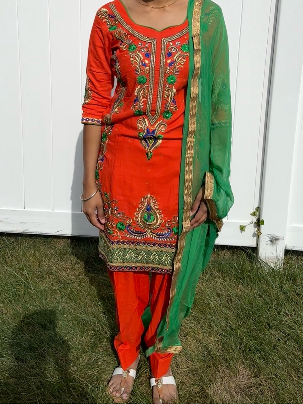 Traditional Orange & Green Embroidered Women's Salwar Kameez